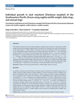 GAYANA Individual Growth in Jack Mackerel (Trachurus Murphyi) of the Southeastern Pacific Ocean Using Sagitta Otolith Weight, Da