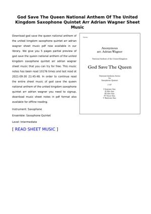 God Save the Queen National Anthem of the United Kingdom Saxophone Quintet Arr Adrian Wagner Sheet Music