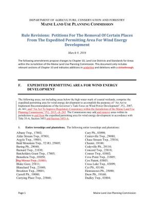 Rule Revisions: Petitions for the Removal of Certain Places from the Expedited Permitting Area for Wind Energy Development