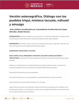 Versión Estenográfica. Diálogo Con Los Pueblos Triqui, Mixteco Tacuate, Náhuatl Y Amuzgo