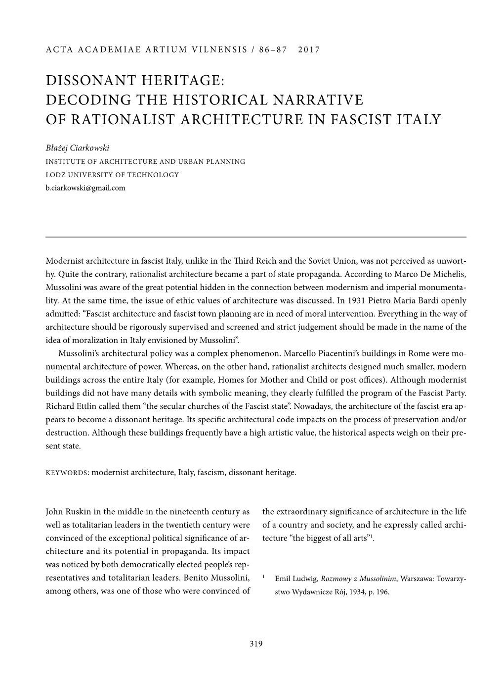 Dissonant Heritage: Decoding the Historical Narrative of Rationalist Architecture in Fascist Italy