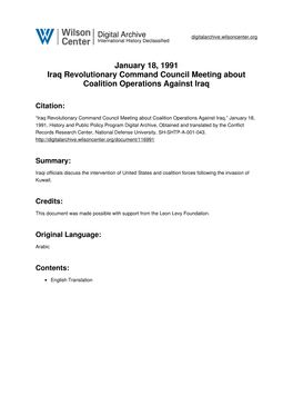 January 18, 1991 Iraq Revolutionary Command Council Meeting About Coalition Operations Against Iraq