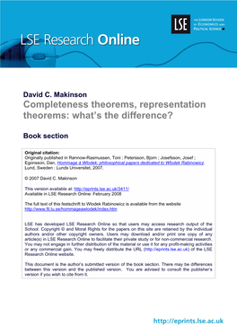 David C. Makinson Completeness Theorems, Representation Theorems: What’S the Difference?