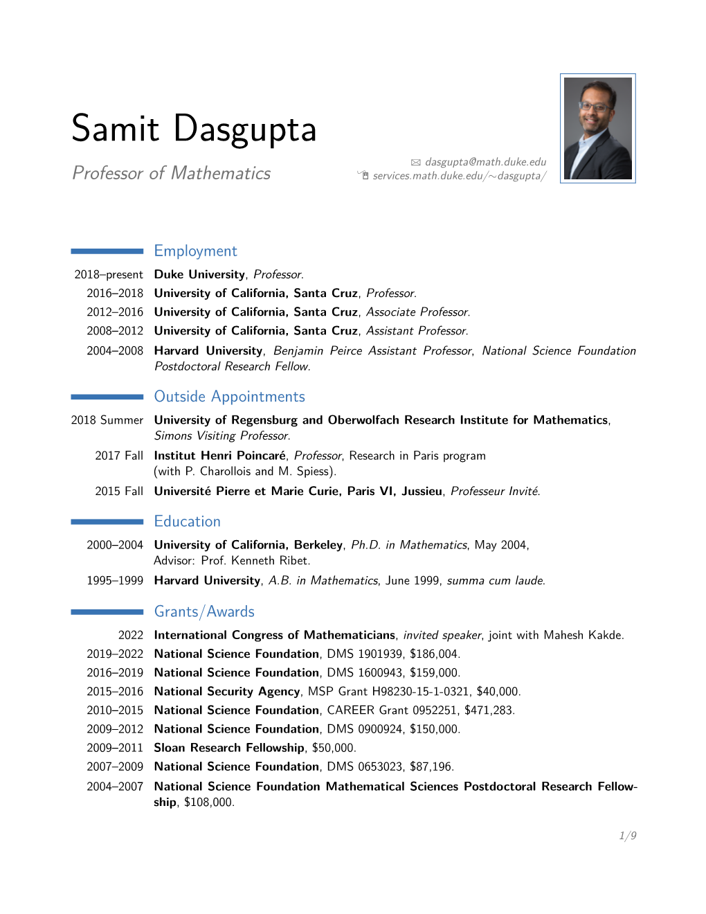 Samit Dasgupta – Professor of Mathematics