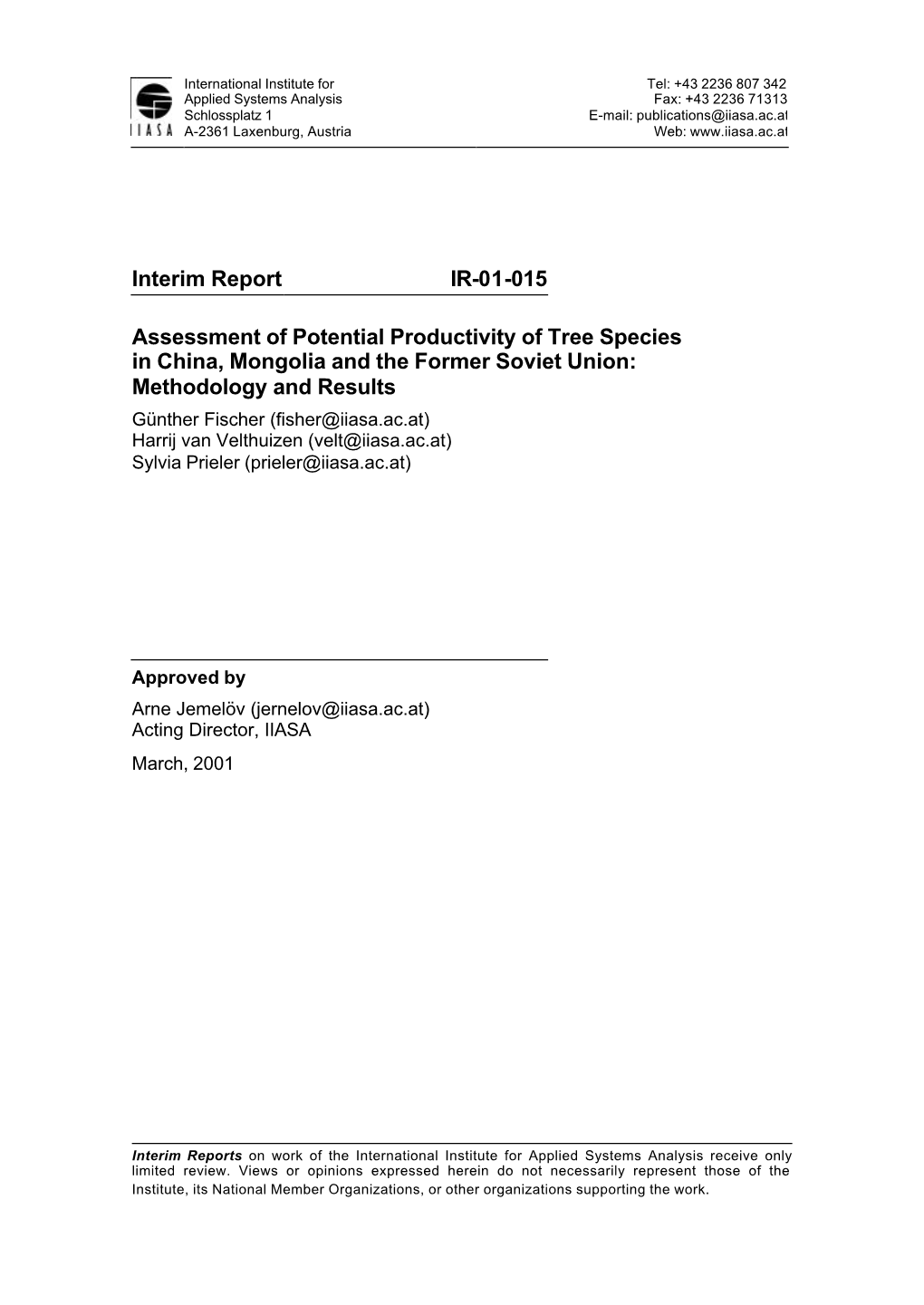 Interim Report IR-01-015 Assessment of Potential Productivity of Tree