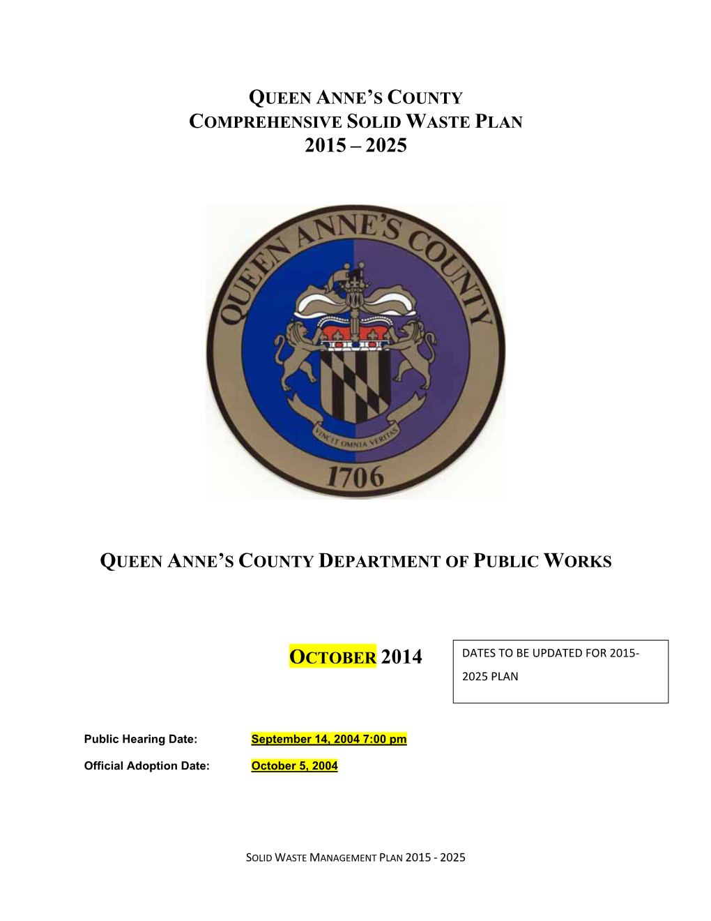 Queen Anne's County Comprehensive Solid Waste Plan 2015