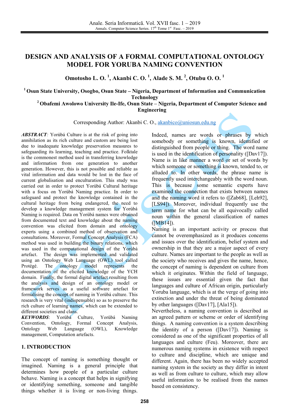 Design and Analysis of a Formal Computational Ontology Model for Yoruba Naming Convention