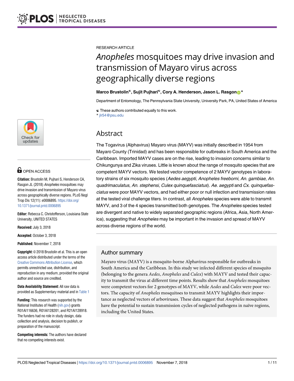 Anopheles Mosquitoes May Drive Invasion and Transmission of Mayaro Virus Across Geographically Diverse Regions