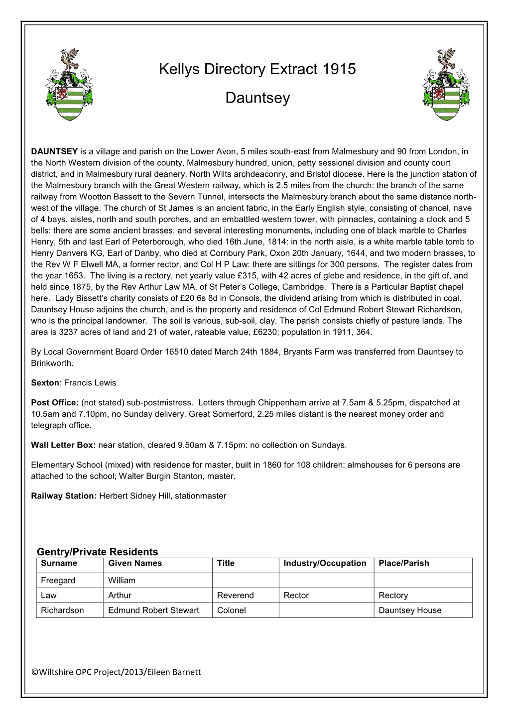 Kellys Directory Extract 1915 Dauntsey