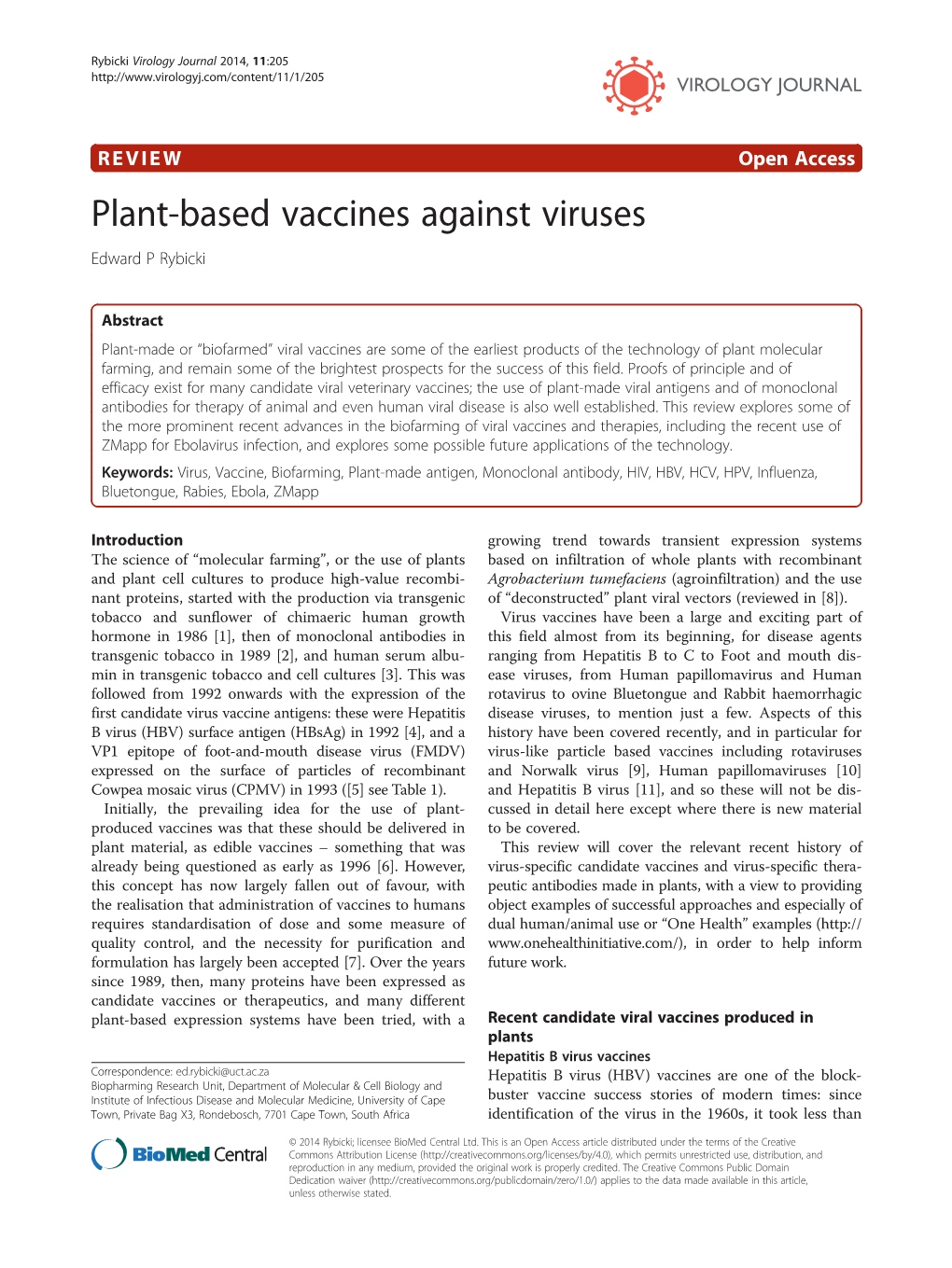 Plant-Based Vaccines Against Viruses Edward P Rybicki