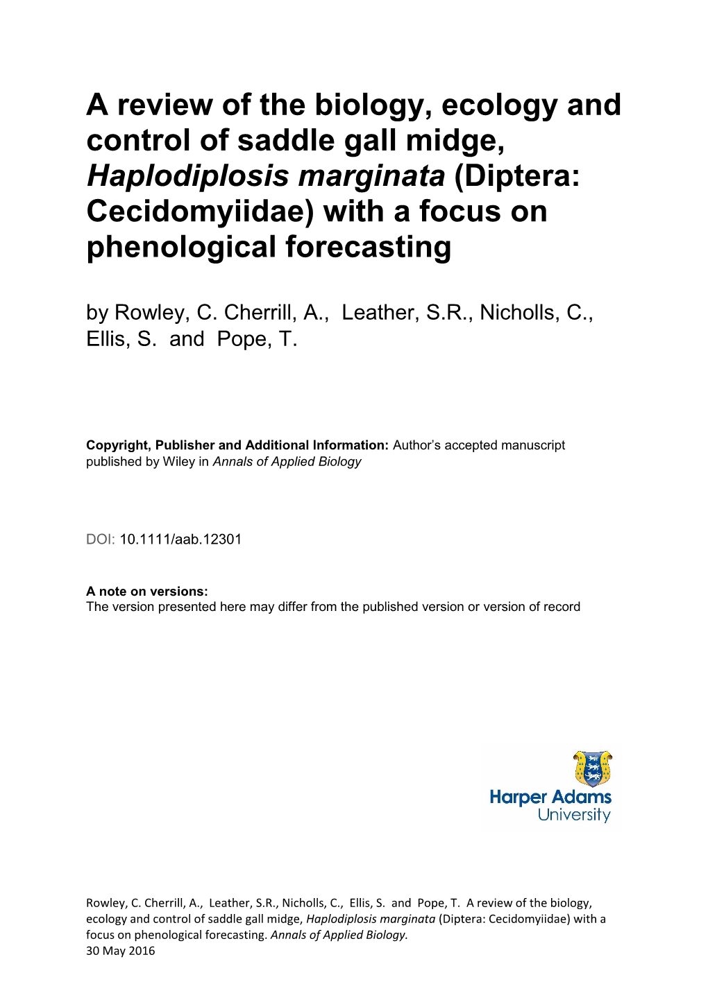 A Review of the Biology, Ecology and Control of Saddle Gall Midge