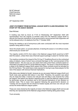 Joint Statement from Majority National League North 24SEPT20
