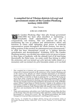 A Compiled List of Tibetan Districts (Rdzong) and Government Estates of the Ganden Phodrang Territory (1830-1959)1