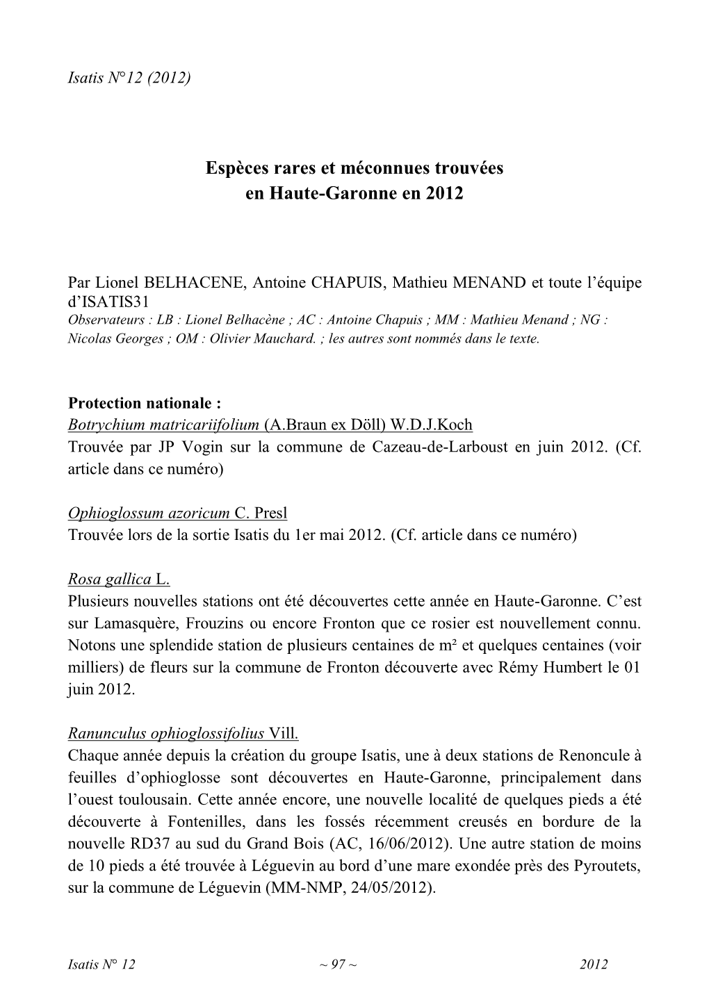 Espèces Rares Et Méconnues Trouvées En Haute-Garonne En 2012