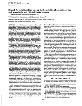 Search for Relationships Among the Hemolytic, Phospholipolytic, and Neurotoxic Activities of Snake Venoms (Crotoxin Components/Bungarotoxins/Phospholipase A2) T.-W