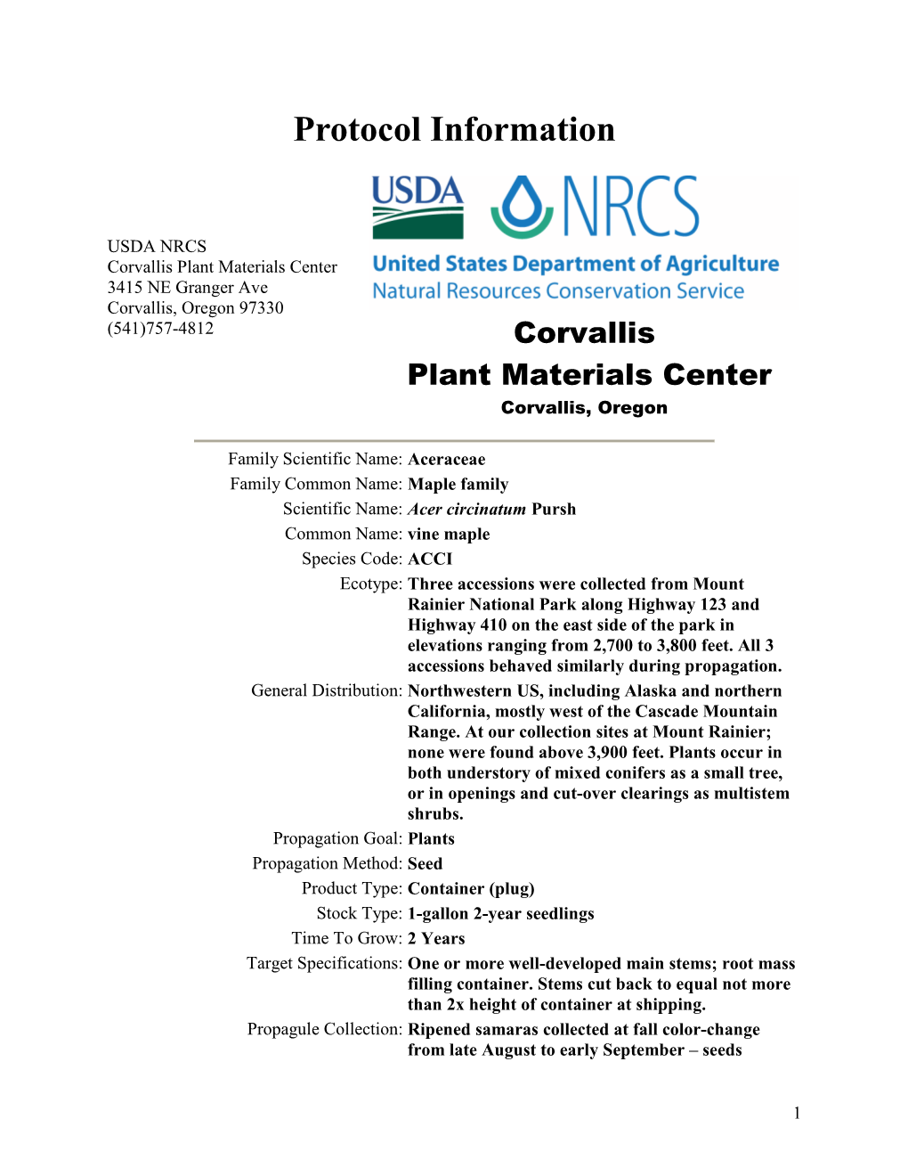 Propagation Protocol for Production of Container Acer Circinatum Plants