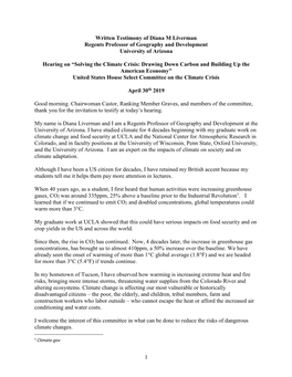 1 Written Testimony of Diana M Liverman Regents Professor of Geography and Development University of Arizona Hearing on “Solvi