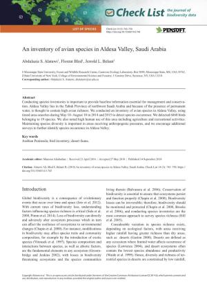 An Inventory of Avian Species in Aldesa Valley, Saudi Arabia
