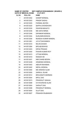 Bsf Campus Roshanbagh (Board-I) Date of Medical Exam: 21-07-2011 Sl No