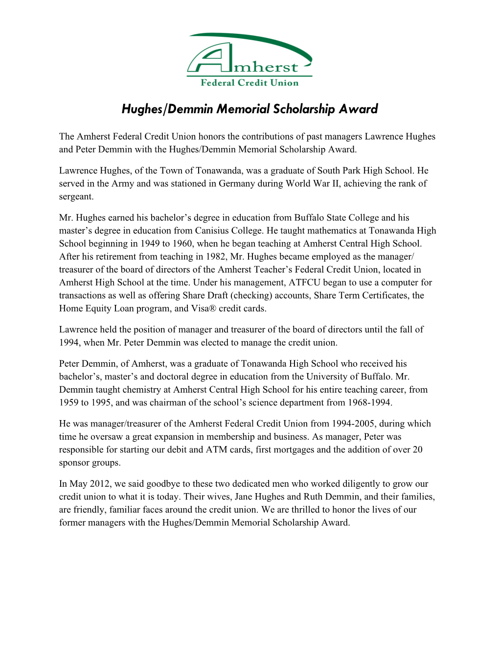 Hughes/Demmin Memorial Scholarship Award