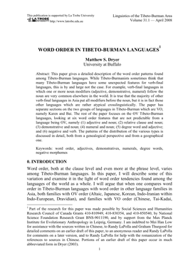 Word Order in Tibeto-Burman Languages