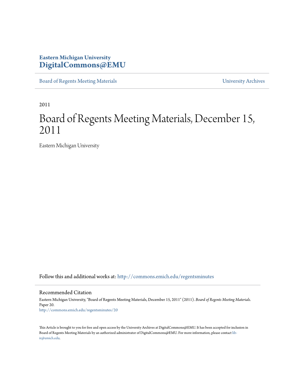 Board of Regents Meeting Materials, December 15, 2011 Eastern Michigan University