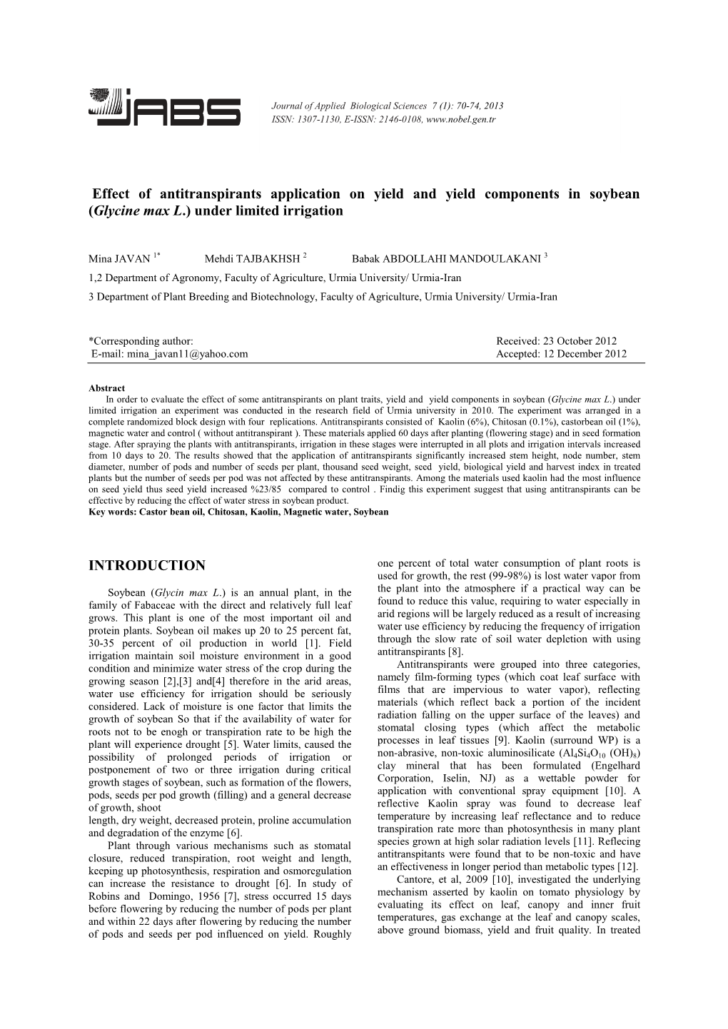 Effect of Antitranspirants Application on Yield and Yield Components in Soybean (Glycine Max L.) Under Limited Irrigation