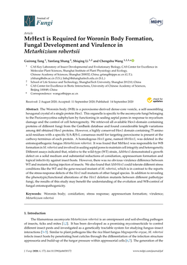 Mrhex1 Is Required for Woronin Body Formation, Fungal Development and Virulence in Metarhizium Robertsii