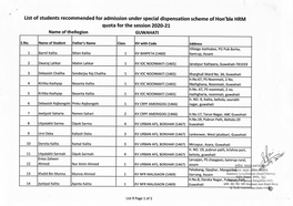 List of Students Recommended for Admission Under Special Dispensation Scheme of Hon'ble HRM Quota for the Session 2020-21 Name of the Region GUWAHATI