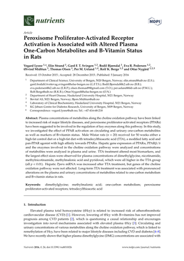 Peroxisome Proliferator-Activated Receptor Activation Is Associated with Altered Plasma One-Carbon Metabolites and B-Vitamin Status in Rats