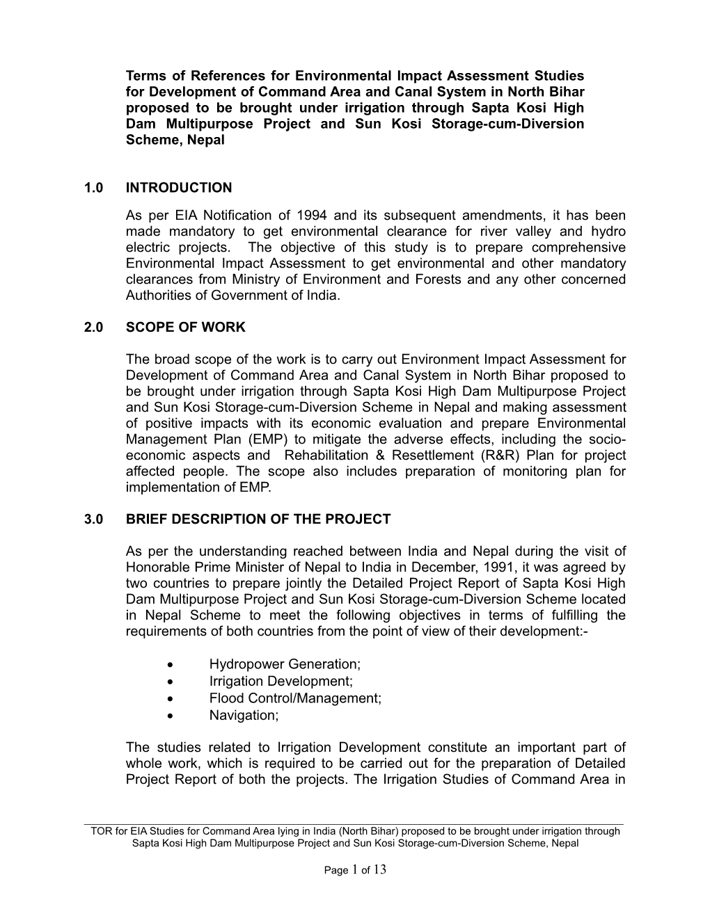 Terms of References for Environmental Impact Assessment