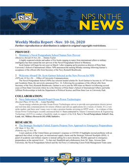 Weekly Media Report –Nov. 10-16, 2020 Further Reproduction Or Distribution Is Subject to Original Copyright Restrictions