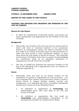 Criteria and Process for Awarding the Freedom of the City of Cardiff
