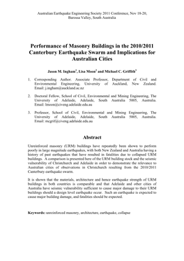 Performance of Masonry Buildings in the 2010/2011 Canterbury Earthquake Swarm and Implications for Australian Cities