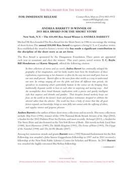 ANDREA BARRETT IS WINNER of 2015 REA AWARD for the SHORT STORY New York, N.Y