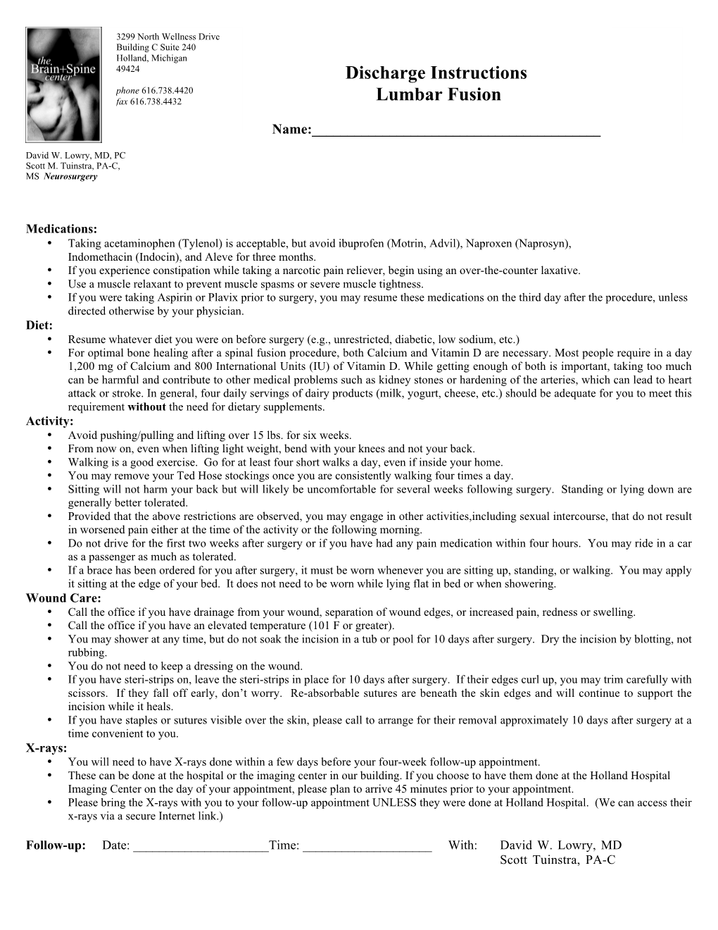 Discharge Instructions Lumbar Fusion