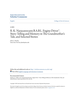 R. K. Narayanswami B.A.B.L. Engine Driver": Story-Telling and Memory in the Grandmother’S Tale, and Selected Stories John C