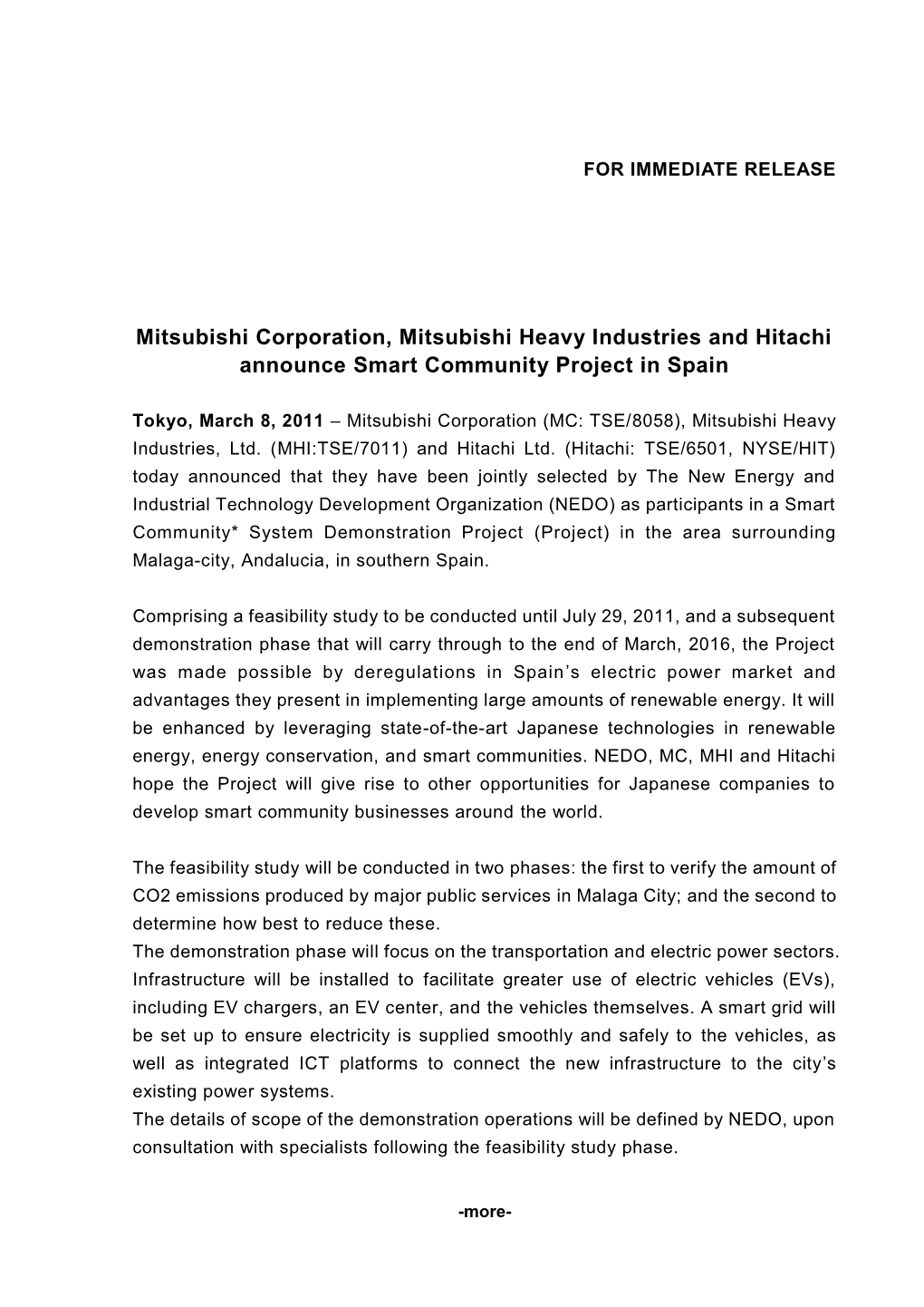 Mitsubishi Corporation, Mitsubishi Heavy Industries and Hitachi Announce Smart Community Project in Spain