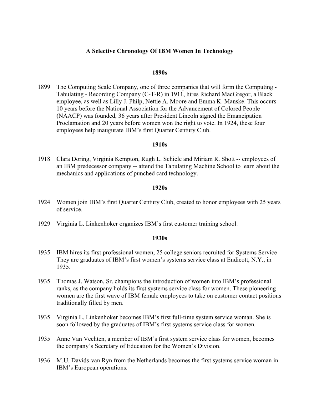 A Selective Chronology of IBM Women in Technology