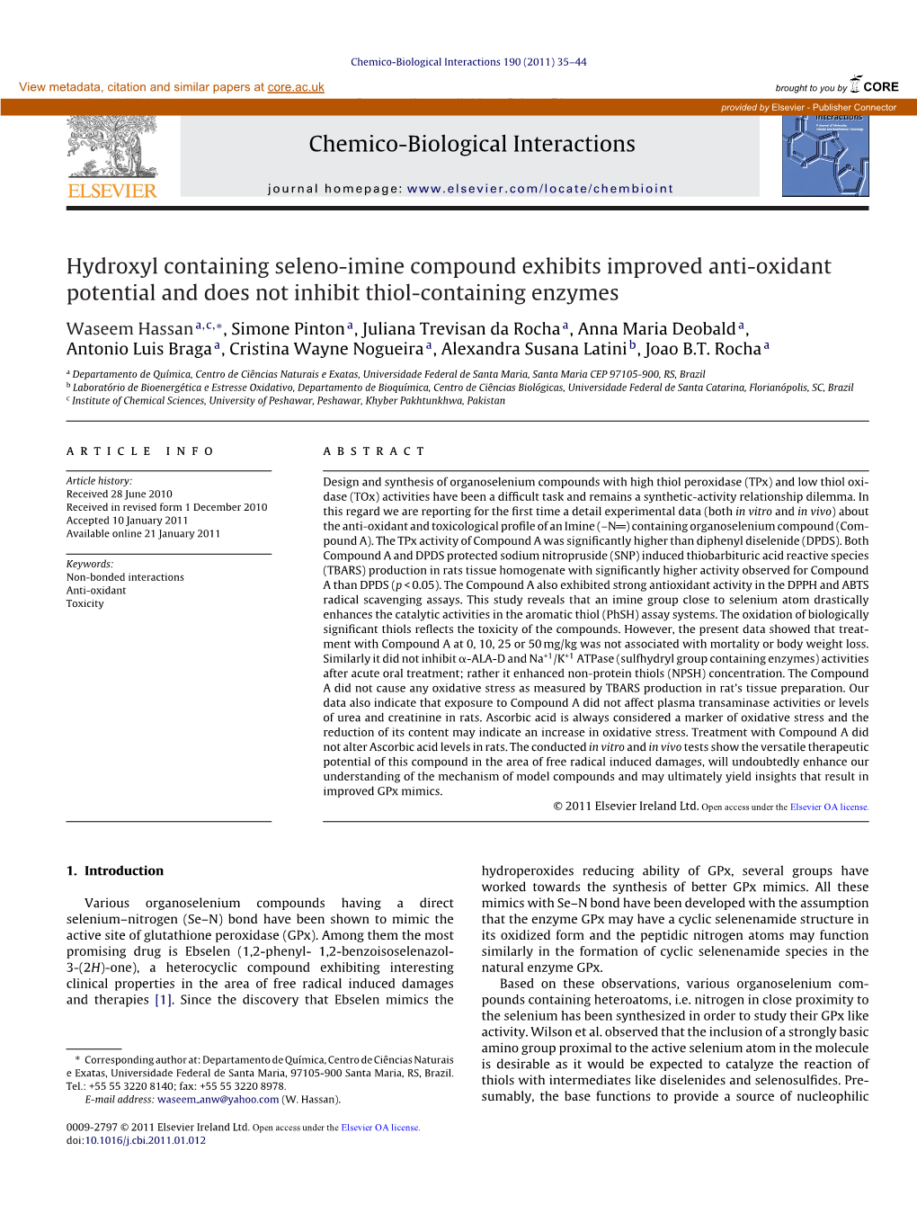 Hydroxyl Containing Seleno-Imine Compound Exhibits Improved Anti-Oxidant Potential and Does Not Inhibit Thiol-Containing Enzymes