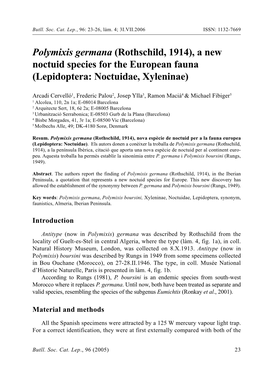 Polymixis Germana (Rothschild, 1914), a New Noctuid Species for the European Fauna (Lepidoptera: Noctuidae, Xyleninae)