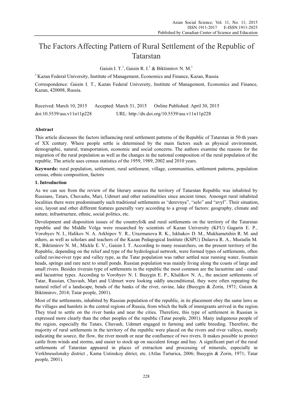 The Factors Affecting Pattern of Rural Settlement of the Republic of Tatarstan