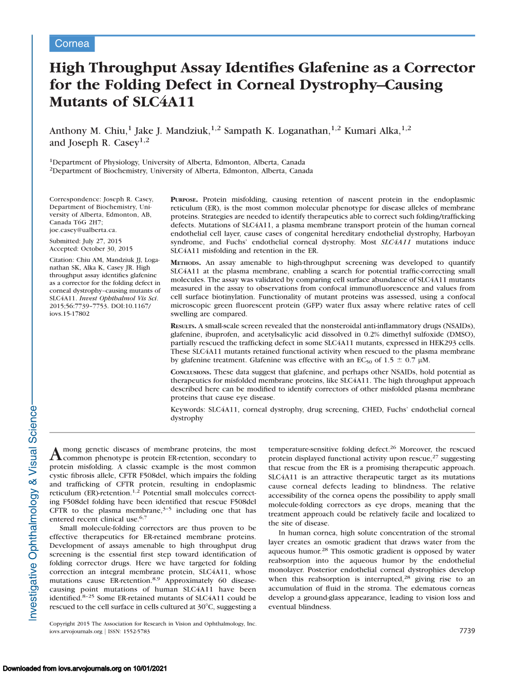 High Throughput Assay Identifies Glafenine As a Corrector for the Folding Defect in Corneal Dystrophy–Causing Mutants of SLC4A