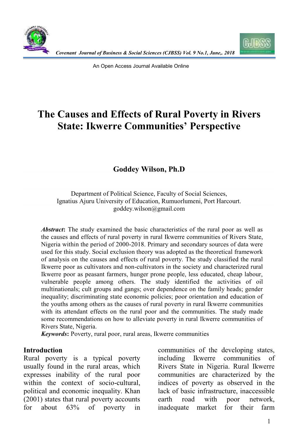 The Causes and Effects of Rural Poverty in Rivers State: Ikwerre Communities’ Perspective