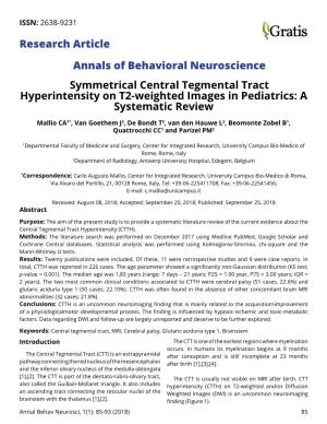 Annals of Behavioral Neuroscience Symmetrical Central Tegmental Tract Hyperintensity on T2-Weighted Images in Pediatrics: a Systematic Review
