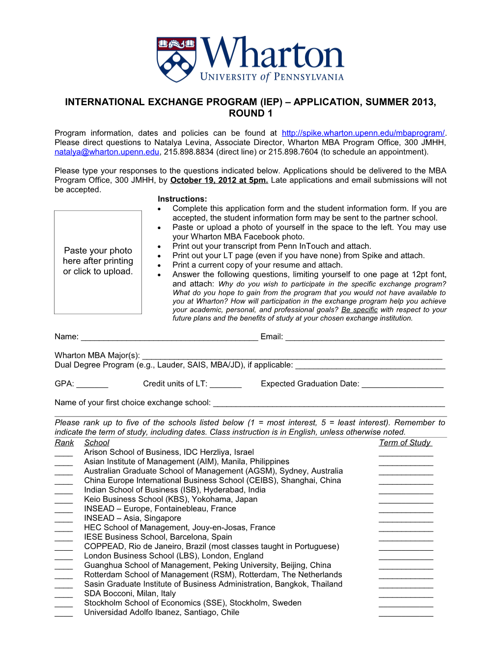 International Exchange Program (Iep) Application, Summer 2013, Round 1