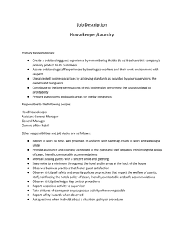 Job Description Housekeeper/Laundry