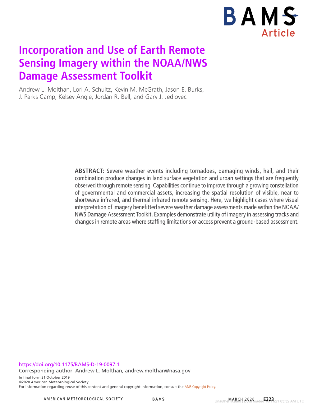 Incorporation and Use of Earth Remote Sensing Imagery Within the NOAA/NWS Damage Assessment Toolkit Andrew L