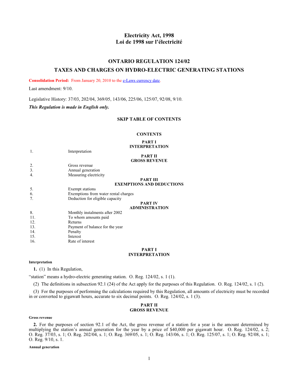 Electricity Act, 1998 - O. Reg. 124/02