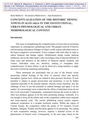 Conceptualization of the Historic Mining Towns in Slovakia in the Institutional, Urban-Physiological and Urban- Morphological Context